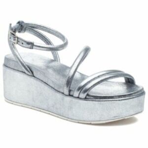 J/SLIDES Womens Quilt Ankle Strap Platform Leather Sandals Silver 6